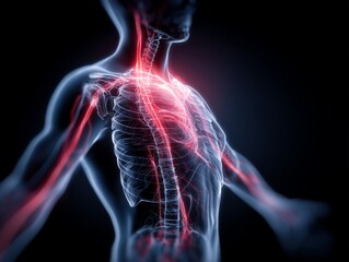 A high-tech anatomical graphic showing glowing blood vessels and the human circulatory system, symbolizing health, medicine, and body function.