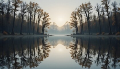 Serene Morning Reflection of Trees on Calm Water Surface at Dawn