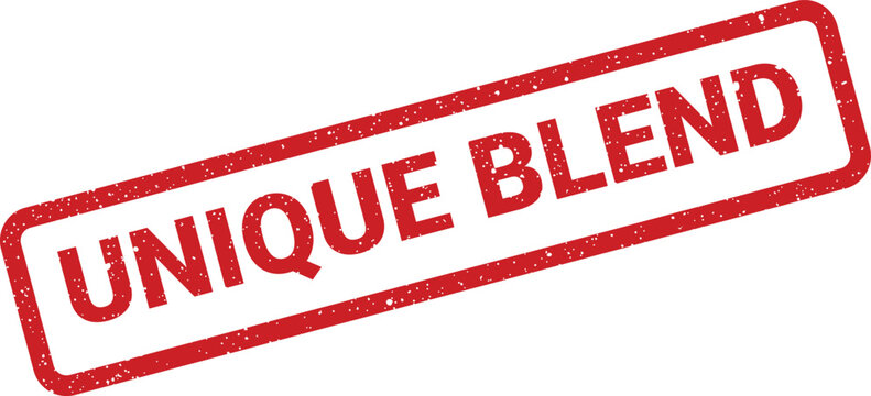 Distressed red rectangular rubber stamp showing UNIQUE BLEND text, often used for product differentiation