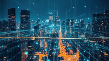 A vibrant city skyline gleams in the night, showcasing towering skyscrapers. Bright data streams illustrate connectivity among buildings, reflecting urban innovation. - Powered by Adobe