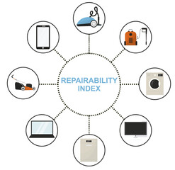 Repairability Index Infographic with Connected Electronic Devices isolated on transparent background. sustainability concept. Repairability index for Electronic equipment. Vector illustration