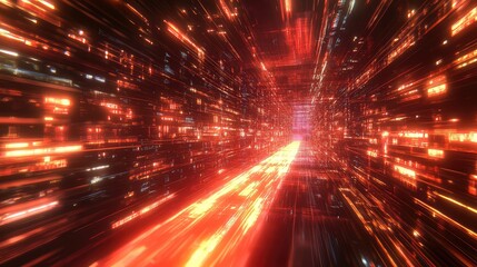 Digital data stream tunnel with glowing light speed