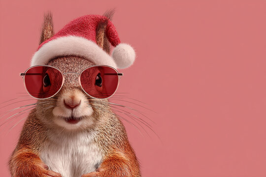 Cute squirrel wearing santa hat and red sunglasses on pink background,