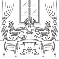 Dining Table with Chairs and Flower Vase Illustration vector style coloring page