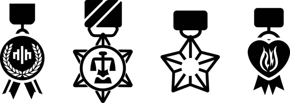 Collection of military medals awards and honors for service and achievement vector graphic design vector silhouette set, silhouette illustration.