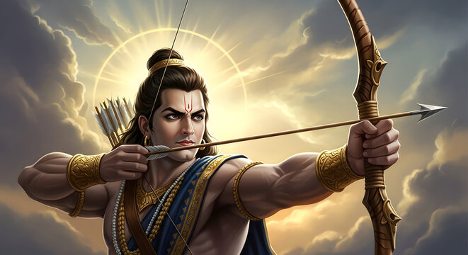 Mighty Lord Rama Drawing Bow with Arrow Against Sunset Sky