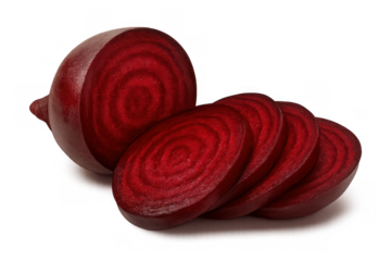 Fresh beet root and sliced red beetroot segments showing raw cross-section pattern on transparent background