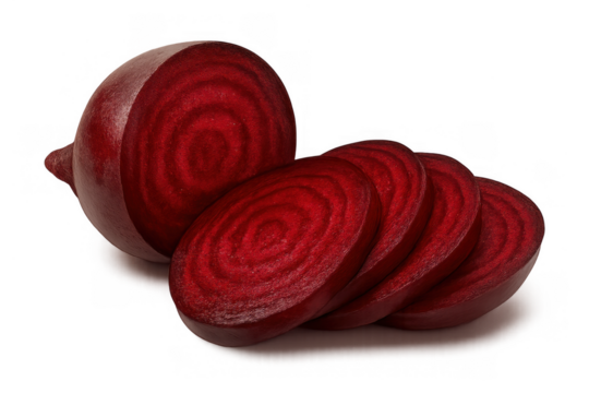 Fresh beet root and sliced red beetroot segments showing raw cross-section pattern on transparent background