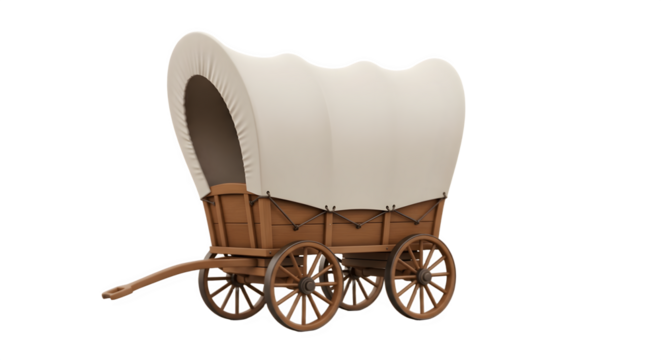 Classic Wooden Covered Wagon with Canvas Top Isolated on White Background.