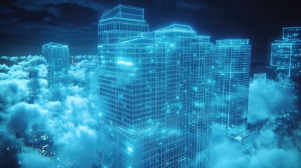 Futuristic digital cityscape emerging from glowing cloud network