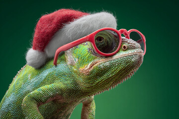 A festive chameleon wearing a red and white santa hat and red sunglasses poses against a green background