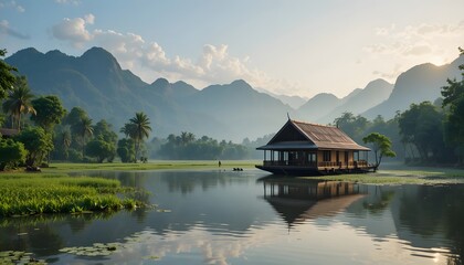Fototapeta premium Serene Mountain Landscape with Traditional House by Calm Water