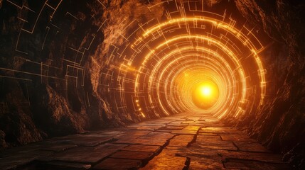 Dark cave tunnel with glowing technology portal