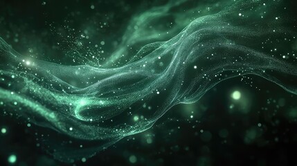 Green glowing particles floating forming abstract wave shapes