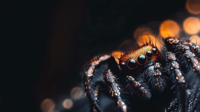 A spider is perched on a textured surface glistening with droplets of water. Soft orange bokeh lights create a magical atmosphere, highlighting the spider&acirc;&euro;&trade;s intricate details.