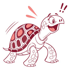 Cartoon Turtle with Exclamation Marks, Red Outline on White Background,