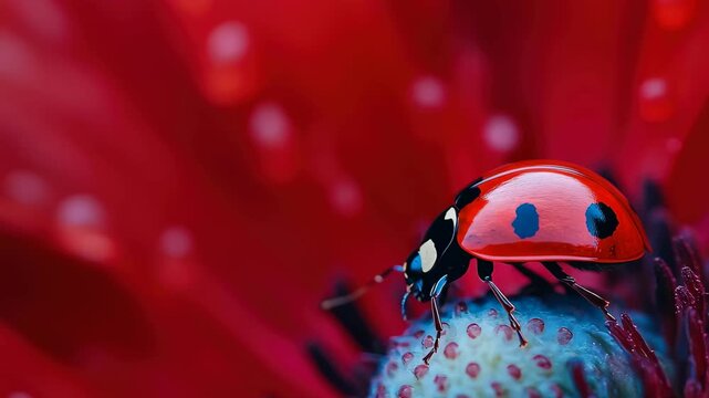 A small red ladybug with black spots is seen resting on the center of a bright red flower, droplets of water glistening on its petals. This close-up captures the beauty of nature.