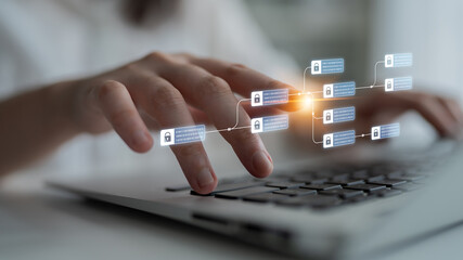 Blockchain structure showing distributed data blocks linked with encryption, representing secure transaction verification, decentralized control, and immutable record system Latch