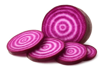 Chioggia beet half and slices displaying vibrant pink and white rings, fresh raw striped beetroot vegetable