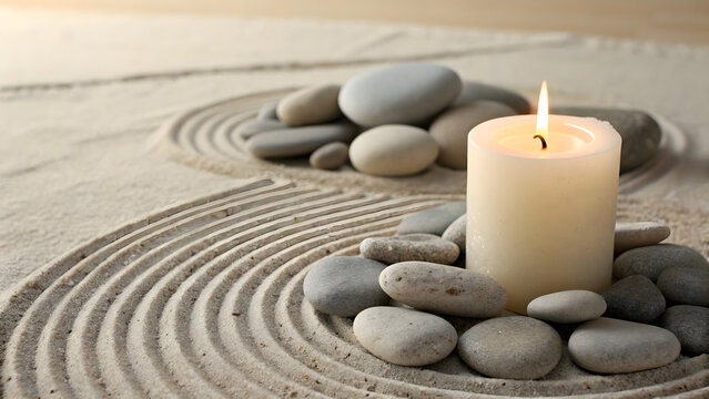 Serene zen garden meditation with candle and stones