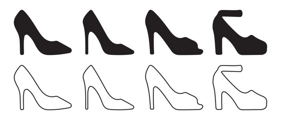 Women's high heel shoes icon set. with various styles and outlines.