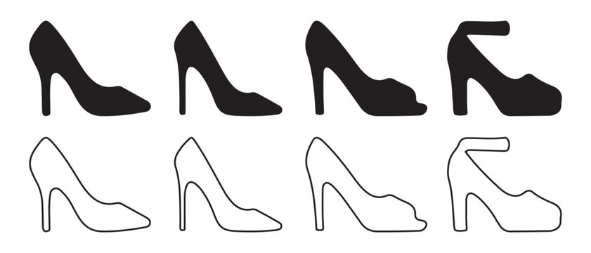 Women's high heel shoes icon set. with various styles and outlines.