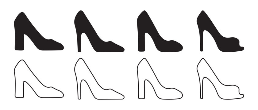 Women's high heel shoes icon set. with various styles and outlines.