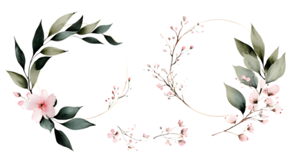 Delicate watercolor floral wreaths with soft pink blossoms and green leaves isolated on transparent background