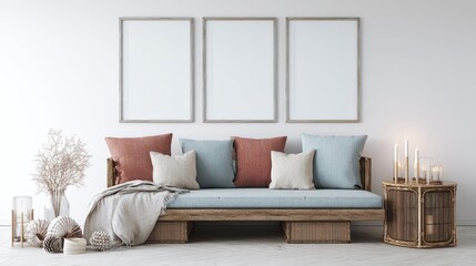 coastal christmas wall with three blank frames and grid pattern