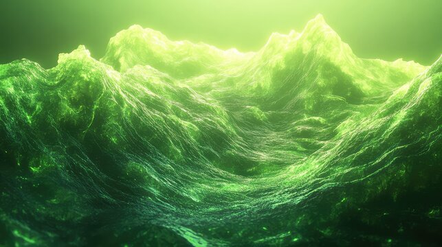 Glowing green liquid waves forming abstract landscape
