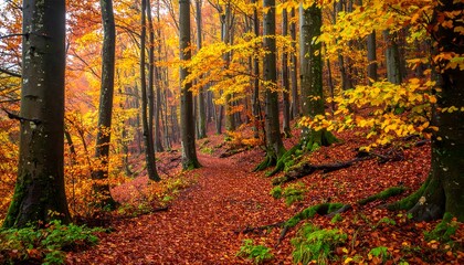 Obraz premium A forest path covered in fallen orange leaves with tall trees showing their autumn foliage under a cloudy sky