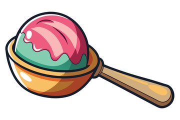 A delightful cartoon maraca features a pink and mint ball seated on a light brown base