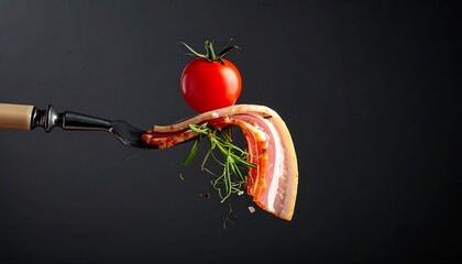 A fork pierces bacon, rosemary sprigs, and a small red tomato, isolated on a dark, grey background