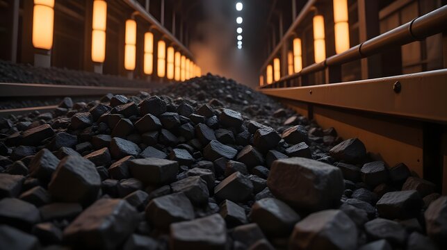 Dramatically lit coal pile inside industrial building ready for energy production, providing power and fuel for modern society and energy companies