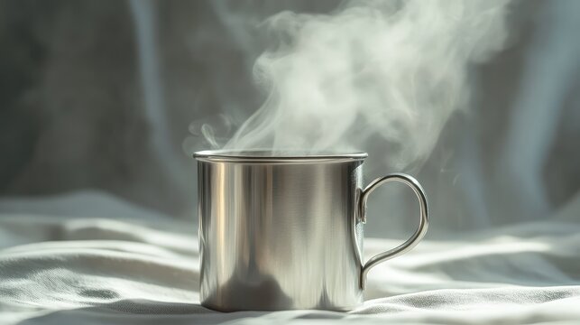 Steaming stainless steel mug sitting on white fabric