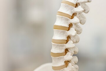 Close up detailed view of a human vertebral column model showcasing bone structure and intervertebral discs in soft lighting