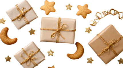 Festive holiday gifts and star shaped cookies arranged on a dark background isolated on transparent background