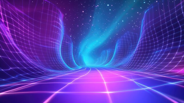 Retro wave virtual reality grid landscape with neon light