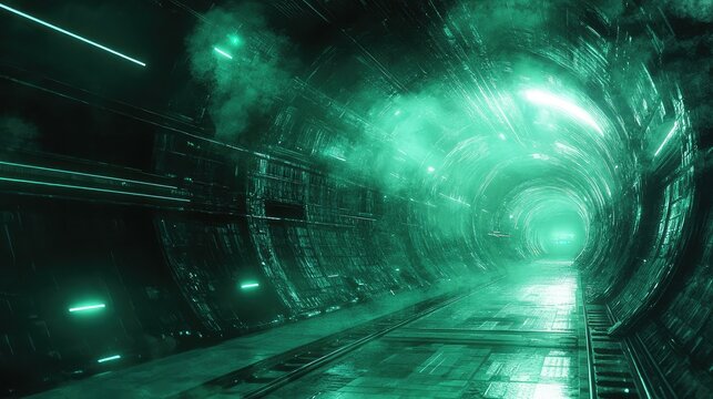 Futuristic subway tunnel with vibrant green neon lights