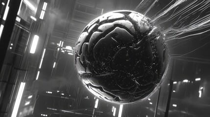 Artificial intelligence brain connecting with digital threads in futuristic environment