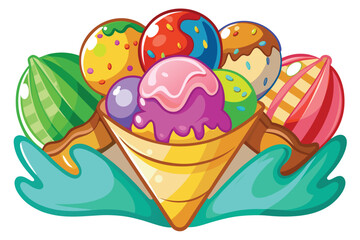 Colorful ice cream scoops are piled inside a waffle cone with abstract turquoise swirls