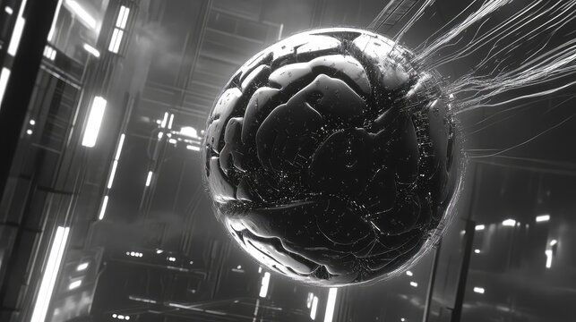 Artificial intelligence brain connecting with digital threads in futuristic environment