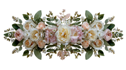 Elegant symmetrical arrangement of delicate pastel roses and lush green leaves isolated on transparent background