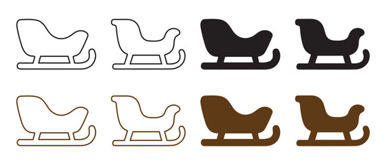 Winter holiday santa sleigh icons set. outline and solid fill.