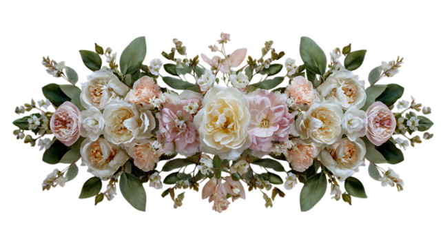 Elegant symmetrical arrangement of delicate pastel roses and lush green leaves isolated on transparent background