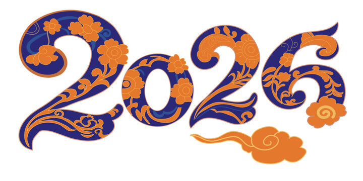 2026 Eastern Floral. A striking illustration of '2026' in deep blue and orange, adorned with intricate floral and scrollwork patterns, evoking a refined Eastern aesthetic