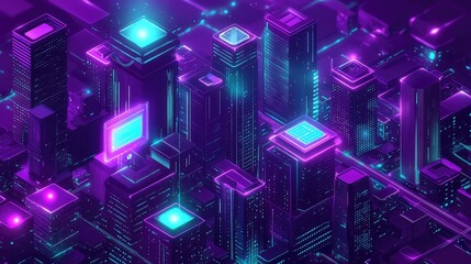 Isometric view of futuristic city with glowing neon lights