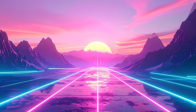 A futuristic, synthwave landscape with neon lines, mountains, and a vibrant sunset - Powered by Adobe