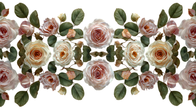 Elegant arrangement of delicate pink and cream roses with green leaves isolated on transparent background