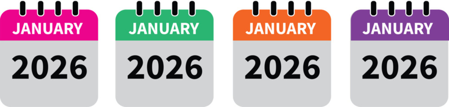 JANUARY 2026 calendar in four different colors. 2026 JANUARY calendar icon set in colorful . JANUARY month flat calender icon set isolated on white background